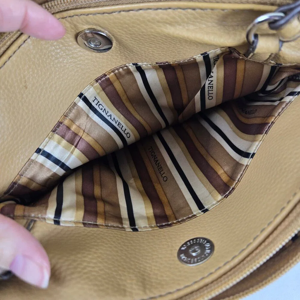 Tignanello Taupe Crossbody Bag 100% Leather Multiple Pockets Adjustable Strap